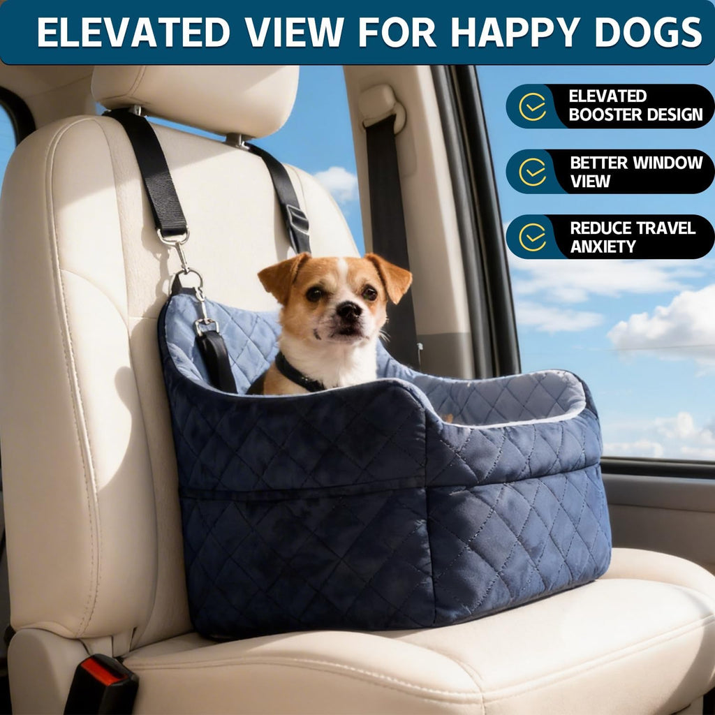 Dog Car Seat for Small Dogs, Elevated Booster Seat with Leash | Washable Pet Travel Bed with Anti-Slip Base, Cozy Padded Car Seat for Dogs Up to 30 lbs, Secure & Comfortable Road Trips