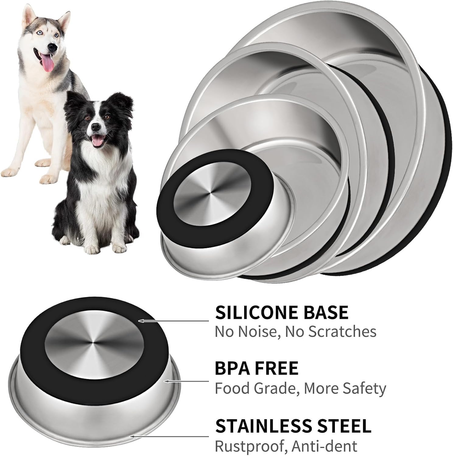 Taglory Stainless Steel Dog Bowls Set of 2, Non-Slip Base, 8 Cup, 59oz | Silicone base stays put on tile & hardwood, dishwasher-safe, food or water for medium to large dogs, Indoor Outdoor Use