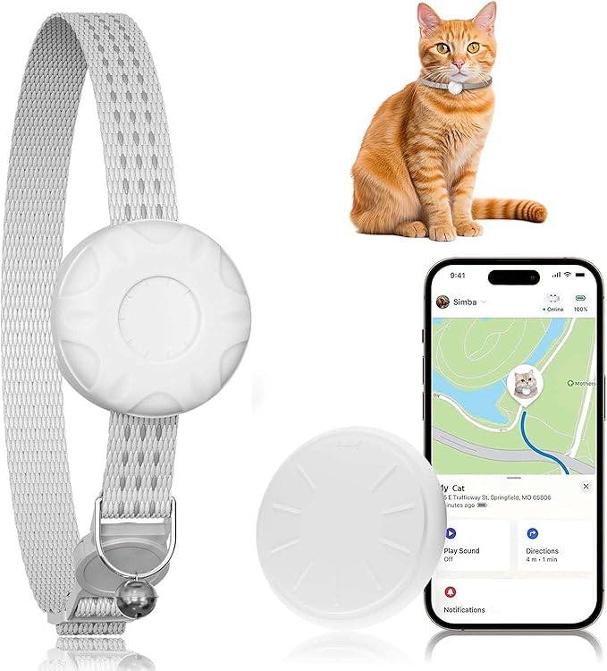 Cat Tracker, MINI GPS Tracker for Cats, Pet Tracker for Cats Compatible with Apple Find My App (Only iOS), No Monthly Fee, Real-Time Tracking, Smart Alerts, Up to 1-Year Battery, Waterproof