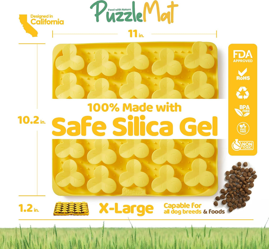 Silicone Mat with Suction Cups, Slow Feeder Bowl for Dry and Wet Food, Dog Enrichment for All Breed Dogs, Yellow