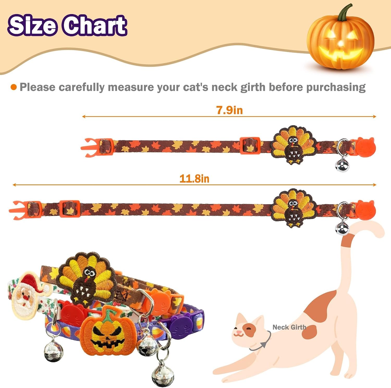 PUPTECK Halloween/Thanksgiving/Christmas Cat Collars Breakaway with Bell | Holiday Pattern Fall Pet Collar 3 Pack for Girl Boy Kittens Puppies and Small Pets