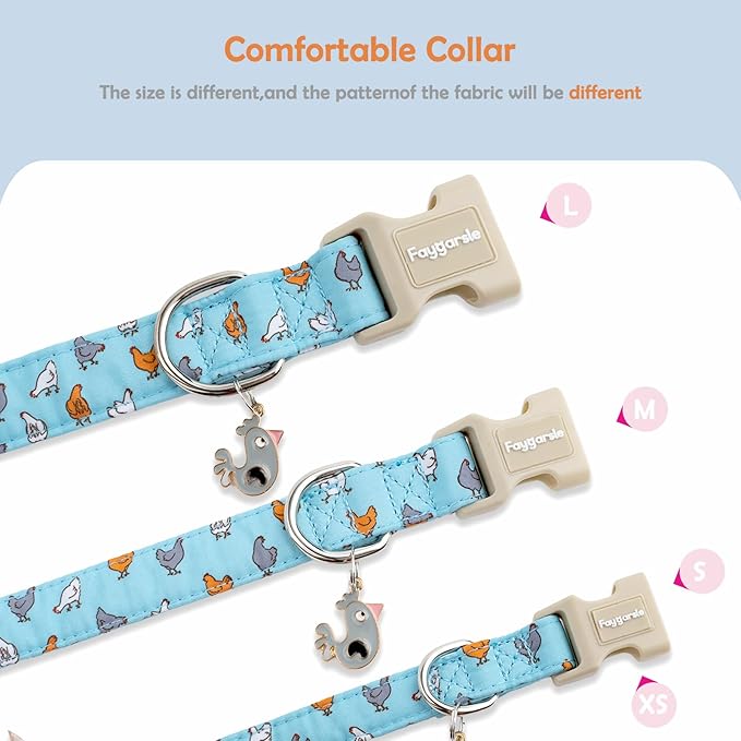 Faygarsle Funny Chicken Pattern Dog Collar, Cotton Fabric, Light Blue with Farm Animal Print for Small Medium Large Dogs M