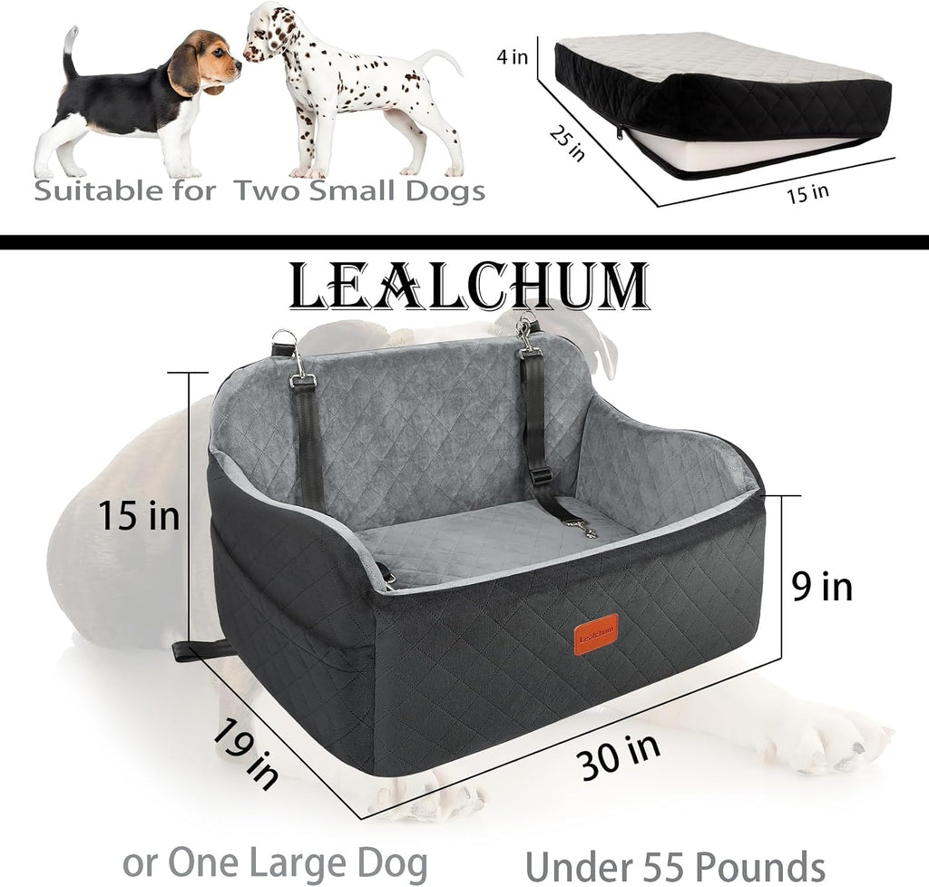 Lealchum Dog Car Seat Up to 55lb,2 Clip-On Safety Adjustable Leashs Car Dog Bed for 2 Small Dogs,Fully Detachable and Washable Pet Car Seat with 2 Storage Pockets,Easy to Install(Black/Grey, Large)