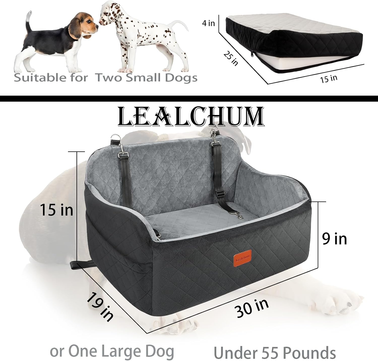 Lealchum Dog Car Seat Up to 55lb,2 Clip-On Safety Adjustable Leashs Car Dog Bed for 2 Small Dogs,Fully Detachable and Washable Pet Car Seat with 2 Storage Pockets,Easy to Install(Black/Grey, Large)