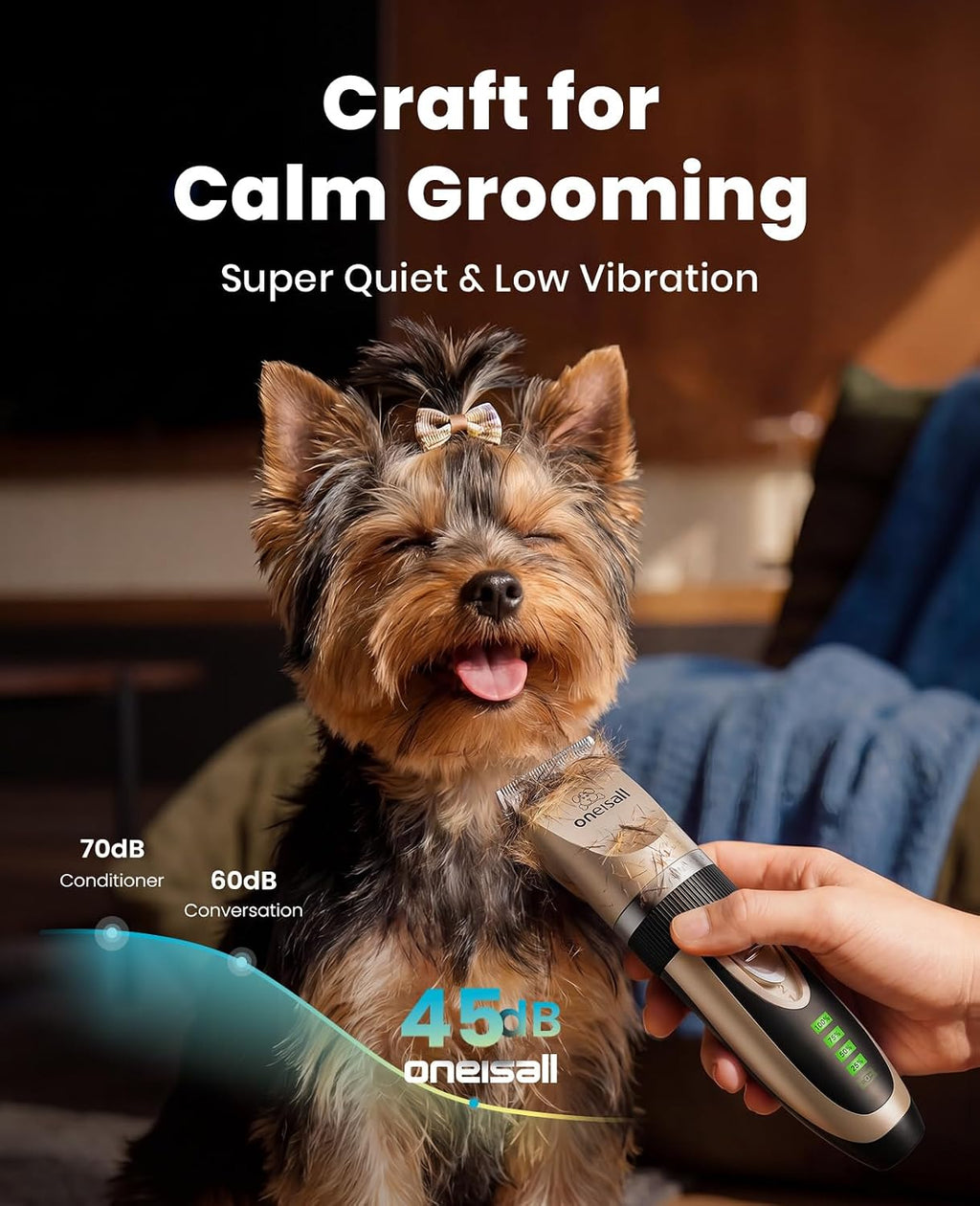 oneisall Dog Grooming Clippers with LED Display for Dogs & Cats | Low Noise Quiet,2-Speed,Cordless Rechargeable,Fast Charge,Detachable,Waterproof,Battery Level Display, Model X2,Gold