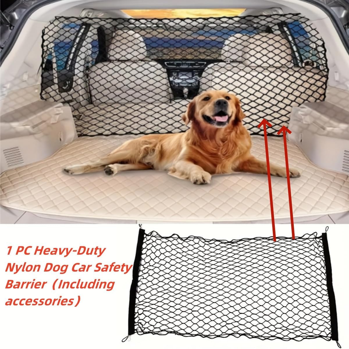 Heavy Duty Nylon Car Pet Barrier, Adjustable Dog Safety Mesh Guard for SUV, Sedans & Trucks, Breathable See-Through Net with Secure Straps, Easy Install Vehicle Divider for Pets & Cargo