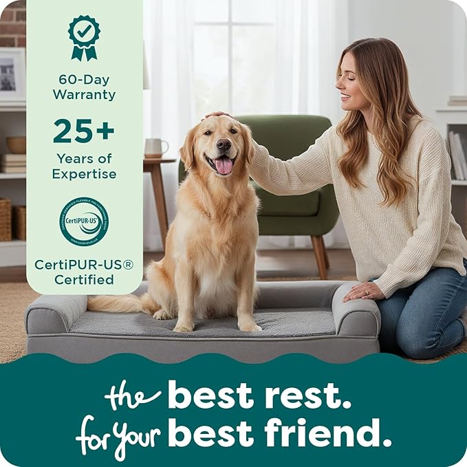 Furhaven Orthopedic Dog Bed for Large Dogs w/ Removable Bolsters & Washable Cover, For Dogs Up to 95 lbs - Faux Fur & Velvet Sofa - Dark Sage, Jumbo/XL