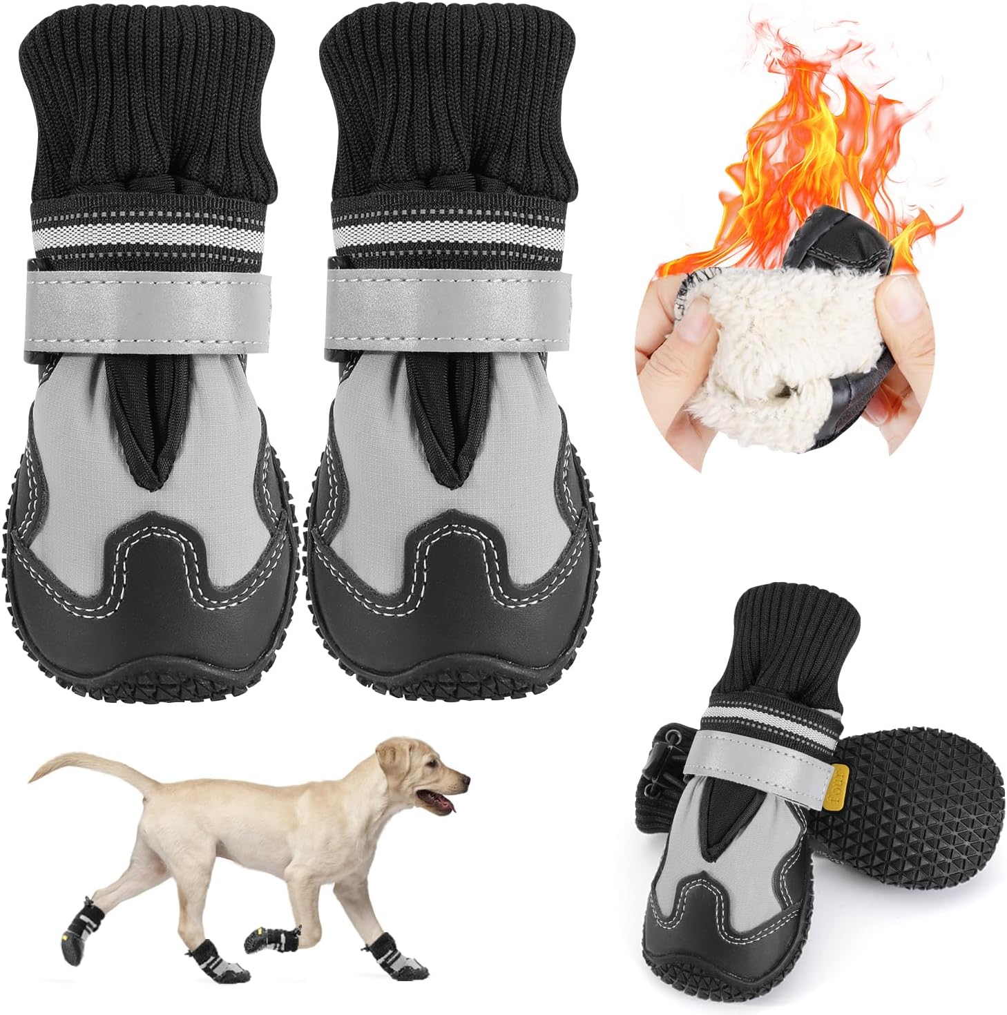 SlowTon Dog Boots for Winter Snow - Waterproof Fleece Lined Dog Shoes | Soft Rubber Dog Booties for Outdoor Walking Hiking Rain, Paw Protector for Large Small Medium Dogs, Grey - White Stitching, 7