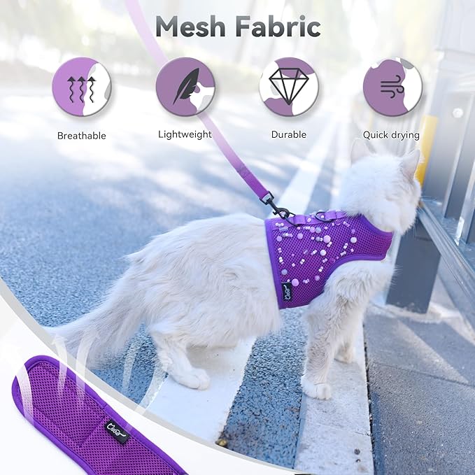 Kitty Harness and Leash for Walking Escape Proof Breathable Mesh Fabric, Purple, X-Small, Adjustable Cat Walking Jackets with DIY Beads, Padded Stylish Cat Vest