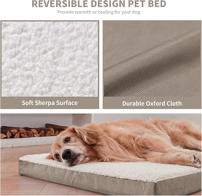 Orthopedic Dog Crate Bed for Extra Large Dogs, XXL Waterproof Comfort Pet Bed with Egg Crate Foam 47x29 Inch, Removable Oxford Cooling Cover, Khaki White