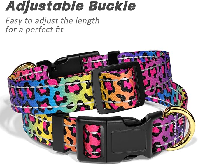 Reflective Dog Collar for Medium Dogs, Cute Leopard Style Adjustable Heavy-Duty Nylon Puppy Collar for Boy and Girl Female, Soft Pet Accessories with Quick Release Buckle, Neon