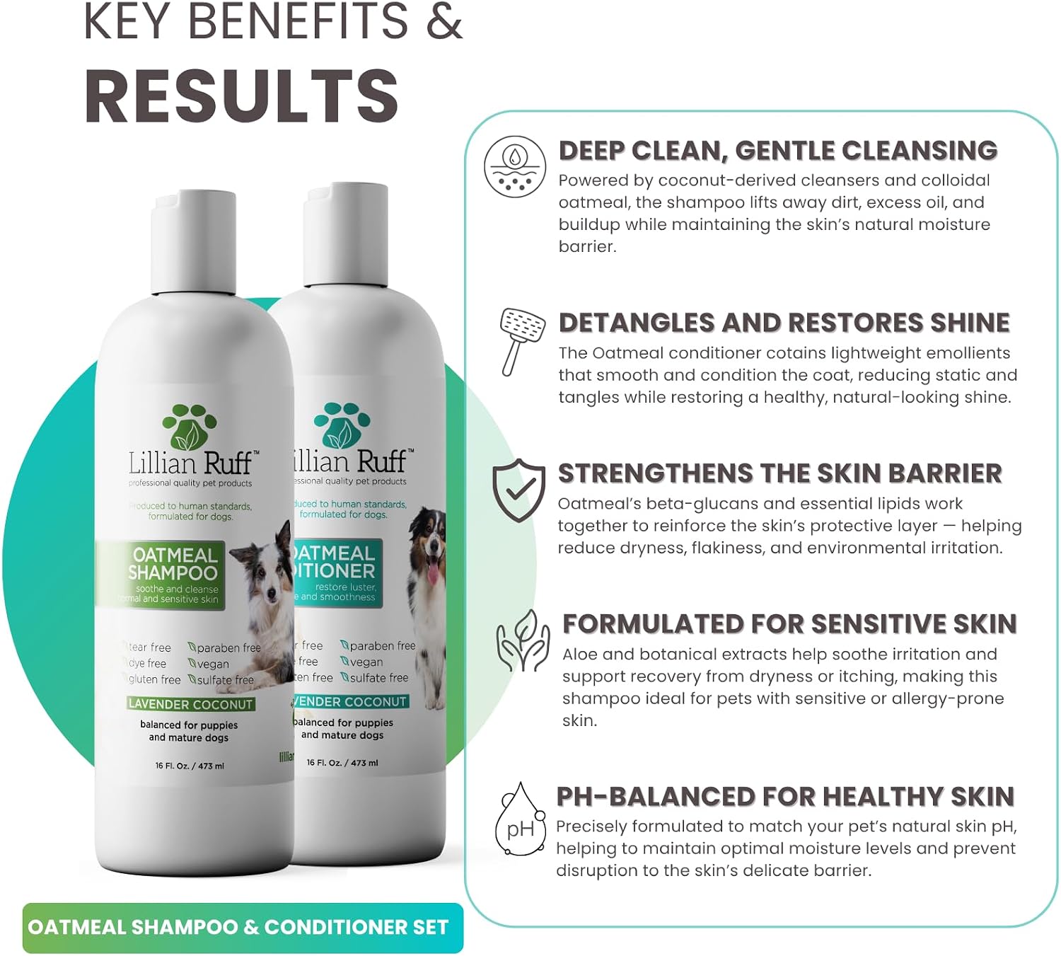 Lillian Ruff PRO Formula Deodorizing Oatmeal Dog Shampoo & Conditioner Set - Calm Itching & Allergies, Ultra-Nourishing Dry Skin Relief - Oatmeal, Aloe, Coconut Oil, Lavender & Provitamin B5, USA Made