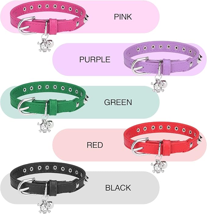 Leather Cat Collars for Boy Girl Cats with Bell and Safety Elastic Belt, Personalized Rivets Stud Adjustable Safe Buckle Collar with Skull Charm for Kitty Small Pets, Halloween Cat Collar