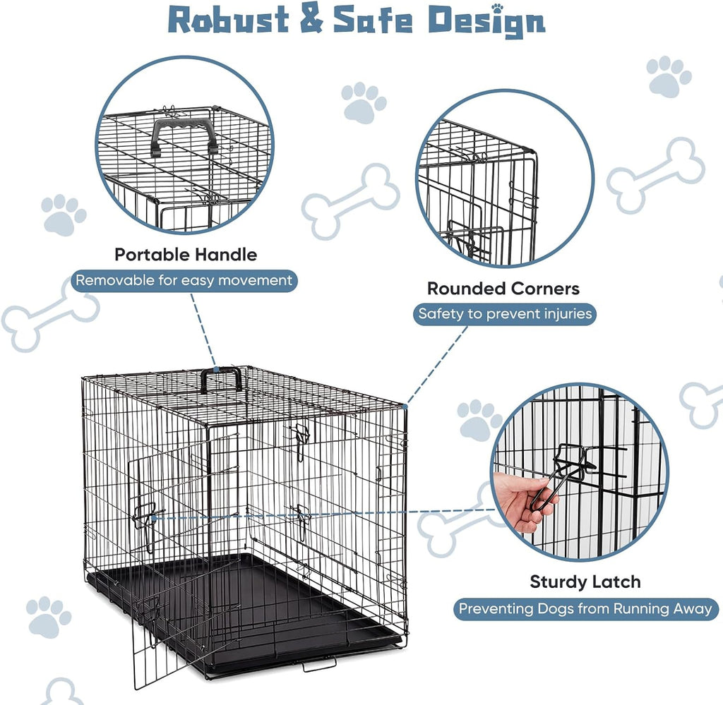 DUMOS 36 Inch Dog Crate, Foldable Small Medium Dog Cage Pet Kennel | Double Door Metal Wire, Plastic Leak-Proof Pan Tray, Portable Indoor Outdoor Training Travel