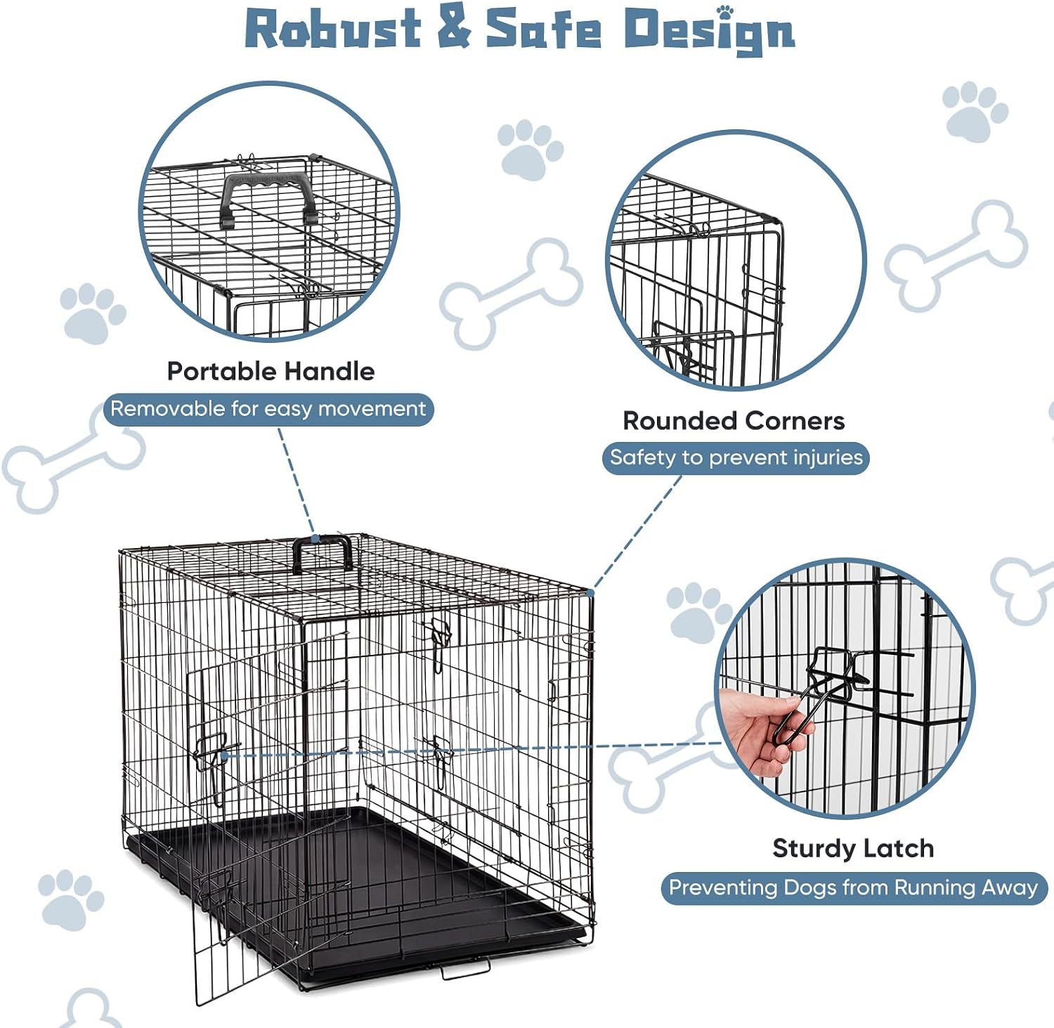 DUMOS 36 Inch Dog Crate, Foldable Small Medium Dog Cage Pet Kennel | Double Door Metal Wire, Plastic Leak-Proof Pan Tray, Portable Indoor Outdoor Training Travel
