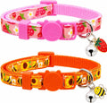 Summer Cat Collar 2 Pack Strawberry Bee Breakaway Cat Collars with Bell & Charm, Adjustable 7.8-12.8 in Soft Cute Kitten Collars for Cats Kittens