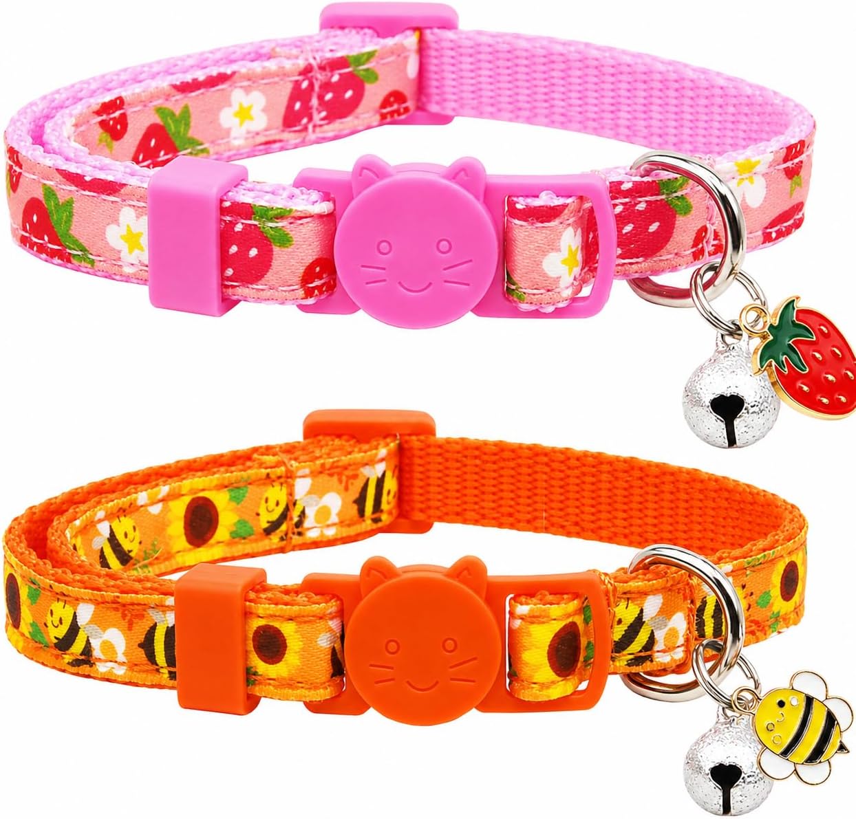Summer Cat Collar 2 Pack Strawberry Bee Breakaway Cat Collars with Bell & Charm, Adjustable 7.8-12.8 in Soft Cute Kitten Collars for Cats Kittens