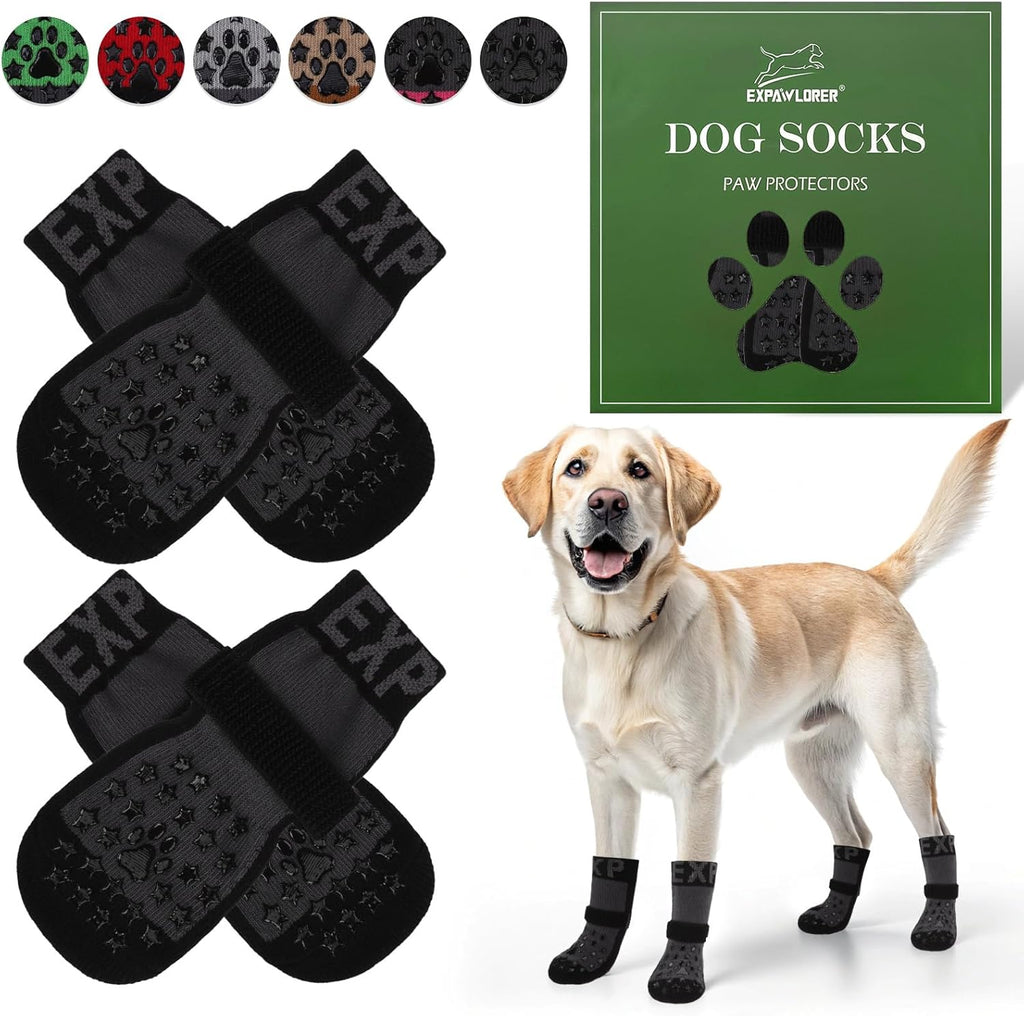 Anti Slip Dog Socks to Prevent Licking Paws, Dog Shoes for Hot Pavement, Booties for Hardwood Floors, Dog Boots & Paw Protectors with Grippers for Small Medium Large Senior Dogs Black