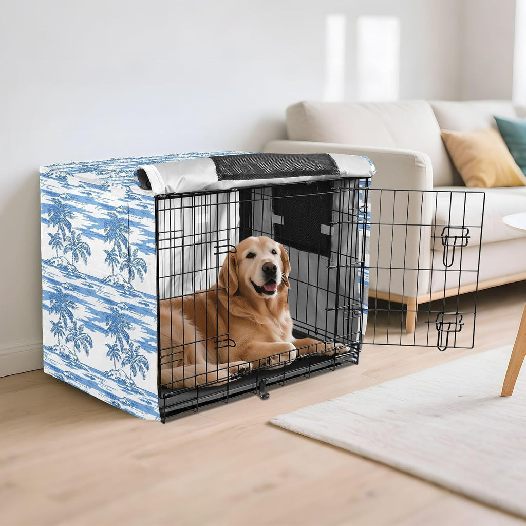 Blue and White Tropical Palm Crate Covers for Dogs Privacy Wire Cage Cover Dog Crate Curtains 48 Inch
