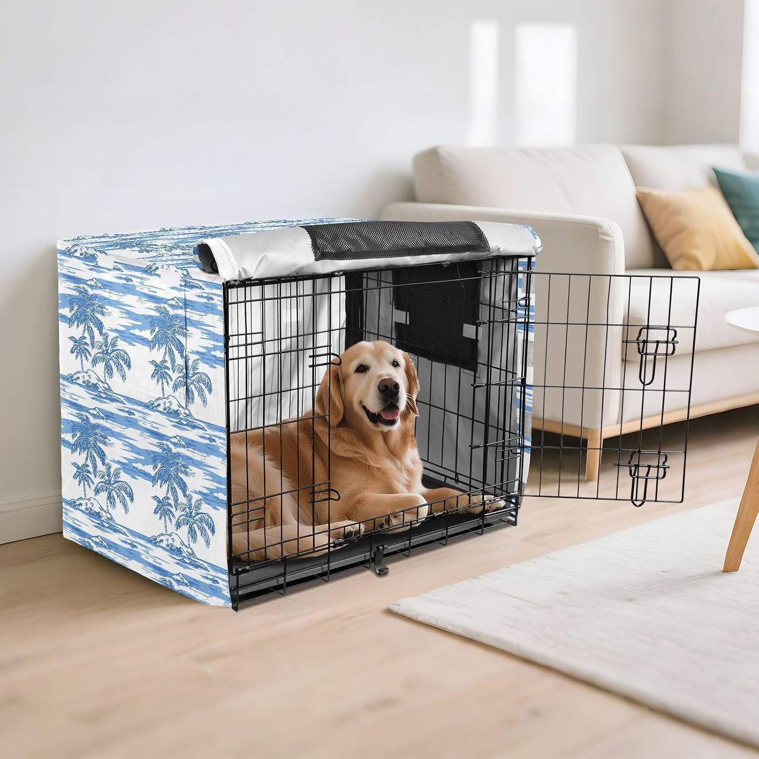 Blue and White Tropical Palm Crate Covers for Dogs Privacy Wire Cage Cover Dog Crate Curtains 48 Inch