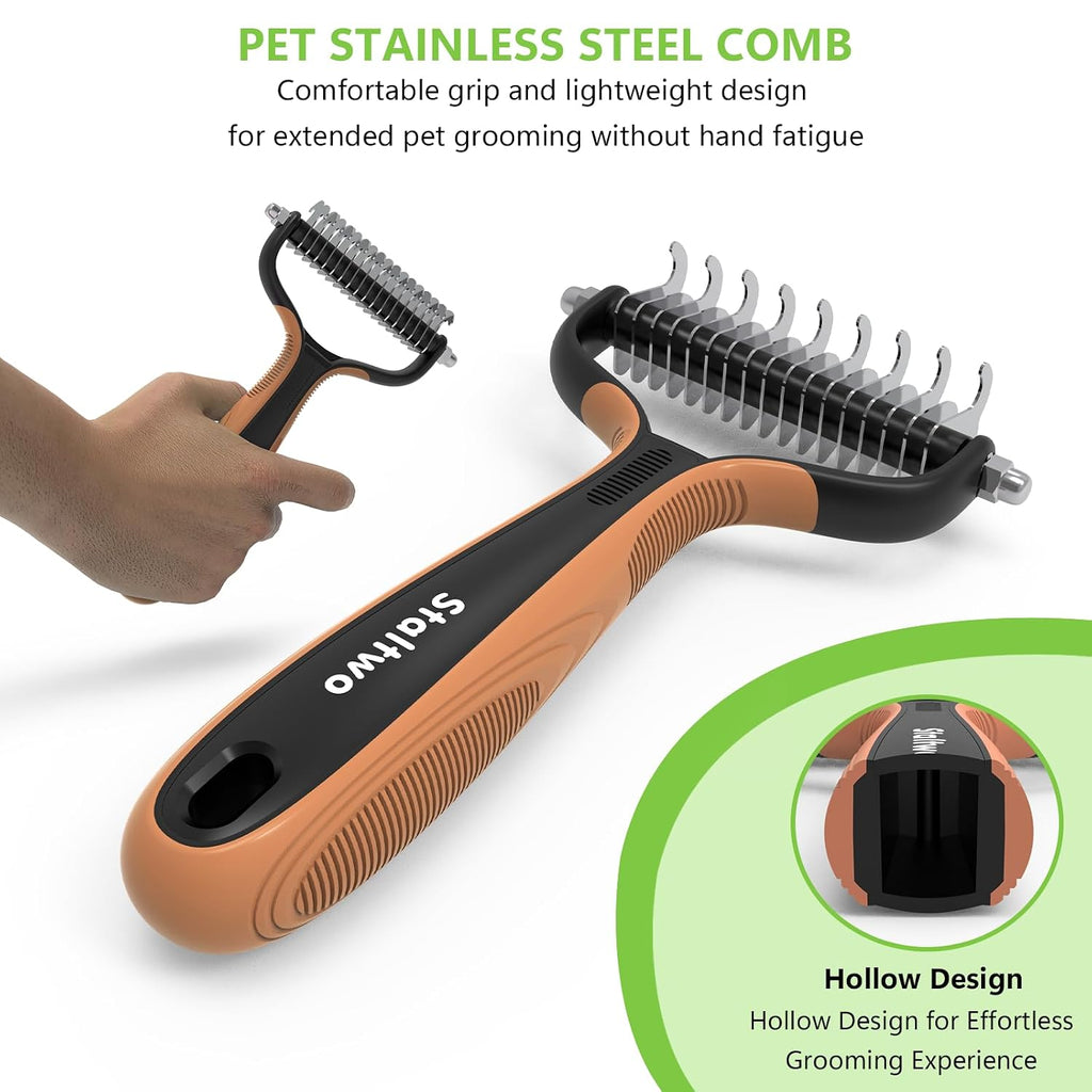 Staltwo Deshedding Dog Brush for Shedding, Undercoat Rake for Dog&Cat | Orange Extra-Wide Double-Sided Pet Grooming tool | Shedding Control for Long/Medium-Haired Dogs and Cats, Knot Removal
