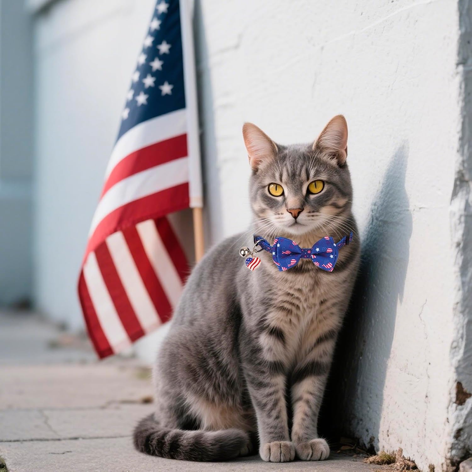 PTDECOR 4th of July Cat Collar with Bow, American Flag Patriotic Cat Collar | Detachable Bow Tie, Safe Breakaway Buckle, Adjustable, 2 Pack 4th of July Patriotic Collar for Cats Kittens