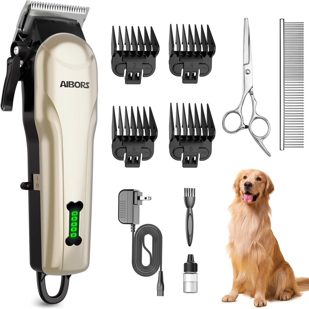 Quiet Dog Grooming Kit - 2000mAh Dog Clippers for Grooming Dog Grooming Clippers for Heavy Thick Hair Coats Waterproof Rechargeable Cordless Clippers Safe and Easy to Clean Home Pet Grooming Gold