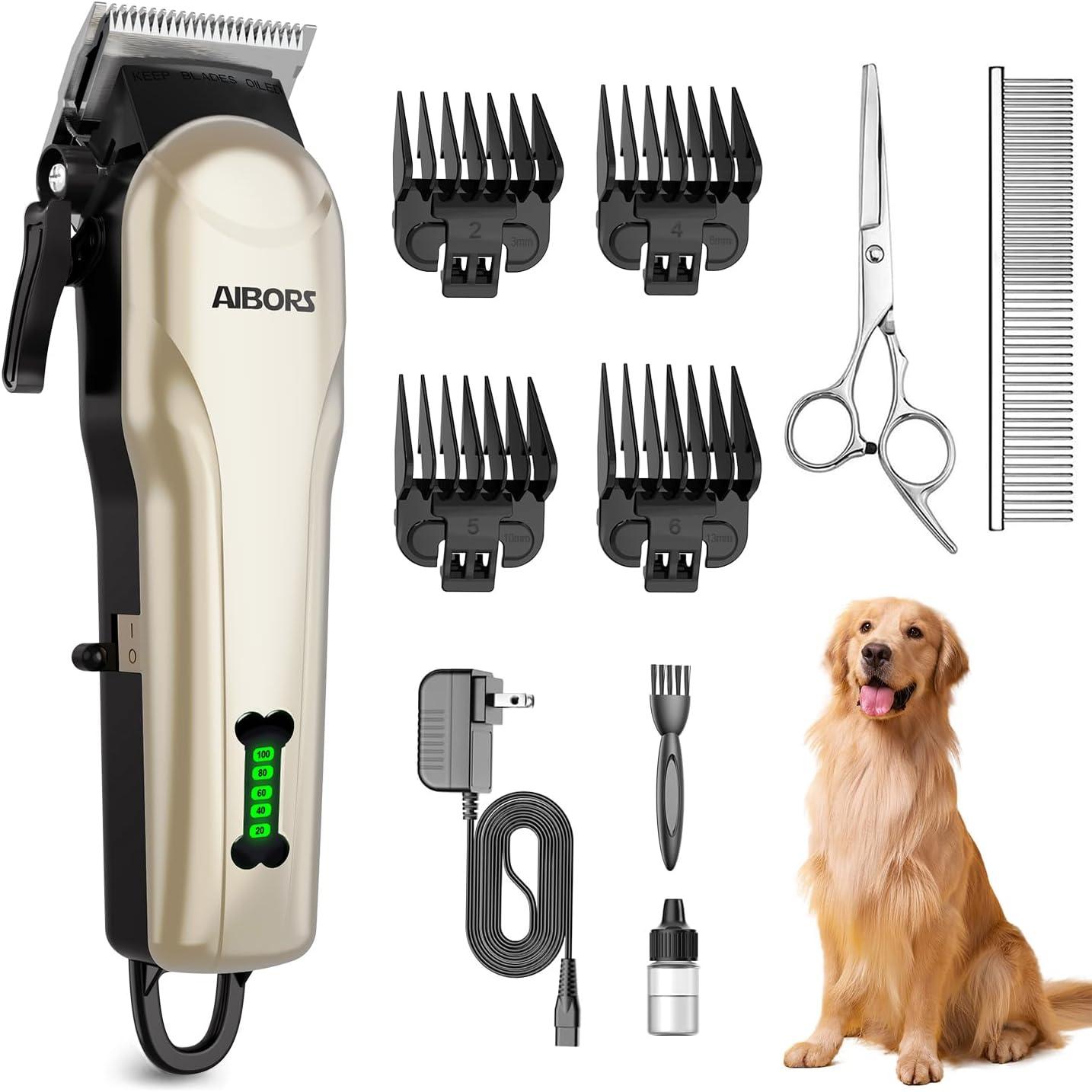 Quiet Dog Grooming Kit - 2000mAh Dog Clippers for Grooming Dog Grooming Clippers for Heavy Thick Hair Coats Waterproof Rechargeable Cordless Clippers Safe and Easy to Clean Home Pet Grooming Gold