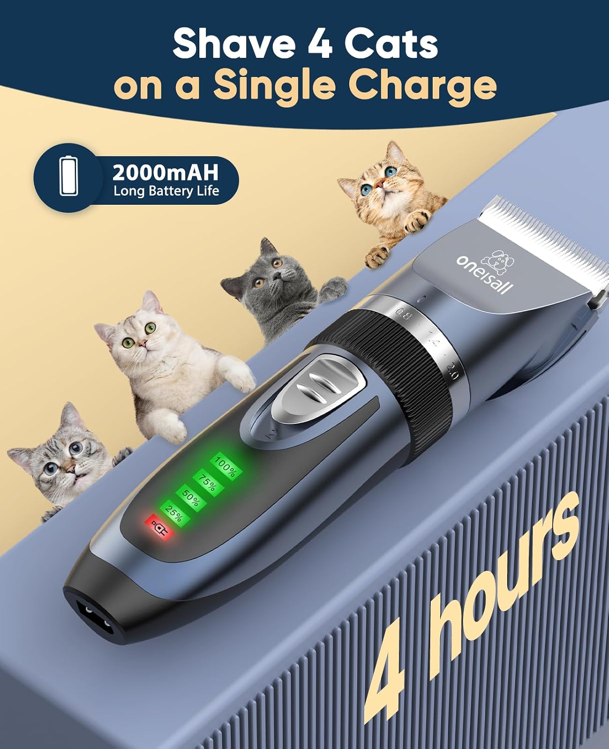 oneisall Quiet Cat Clippers for Matted Hair & Long Hair, Cat Shaver | Cordless Cat Grooming Kit, LCD Display, 6 Guard Combs, 240-Min Runtime, 2-Speed Low Noise Trimmer for Cats & Small Dogs