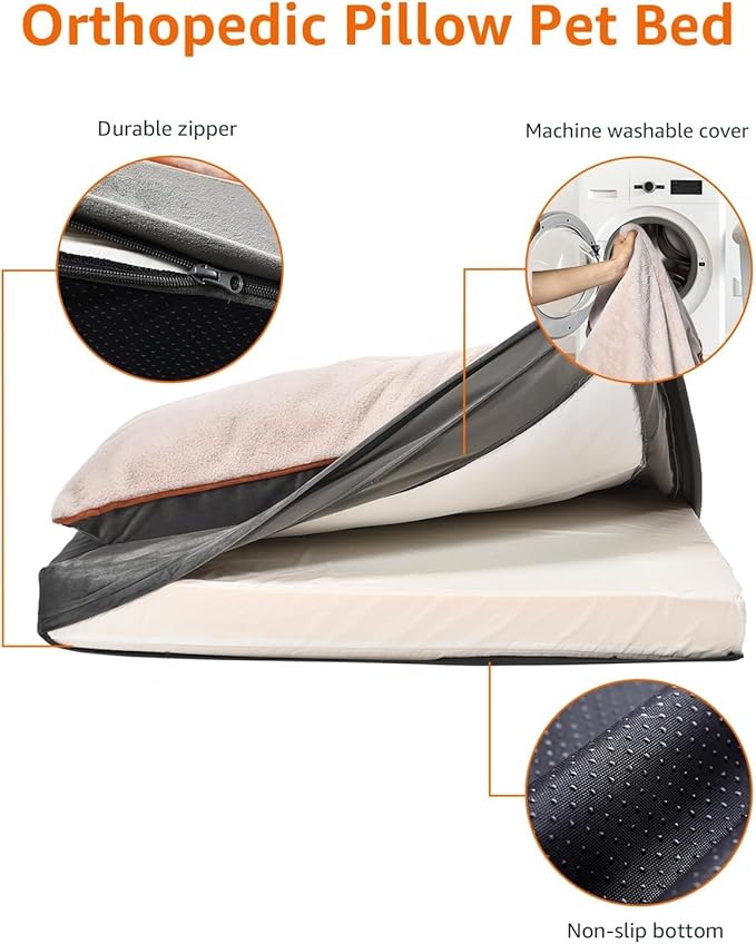 Amazon Basics Washable Dog Bed with Cooling Gel Memory Foam, Pressure-Relief Supportive Design, Anti-Slip Bottom, Machine Washable Removable Cover, Extra Large (40" x 30"), Grey