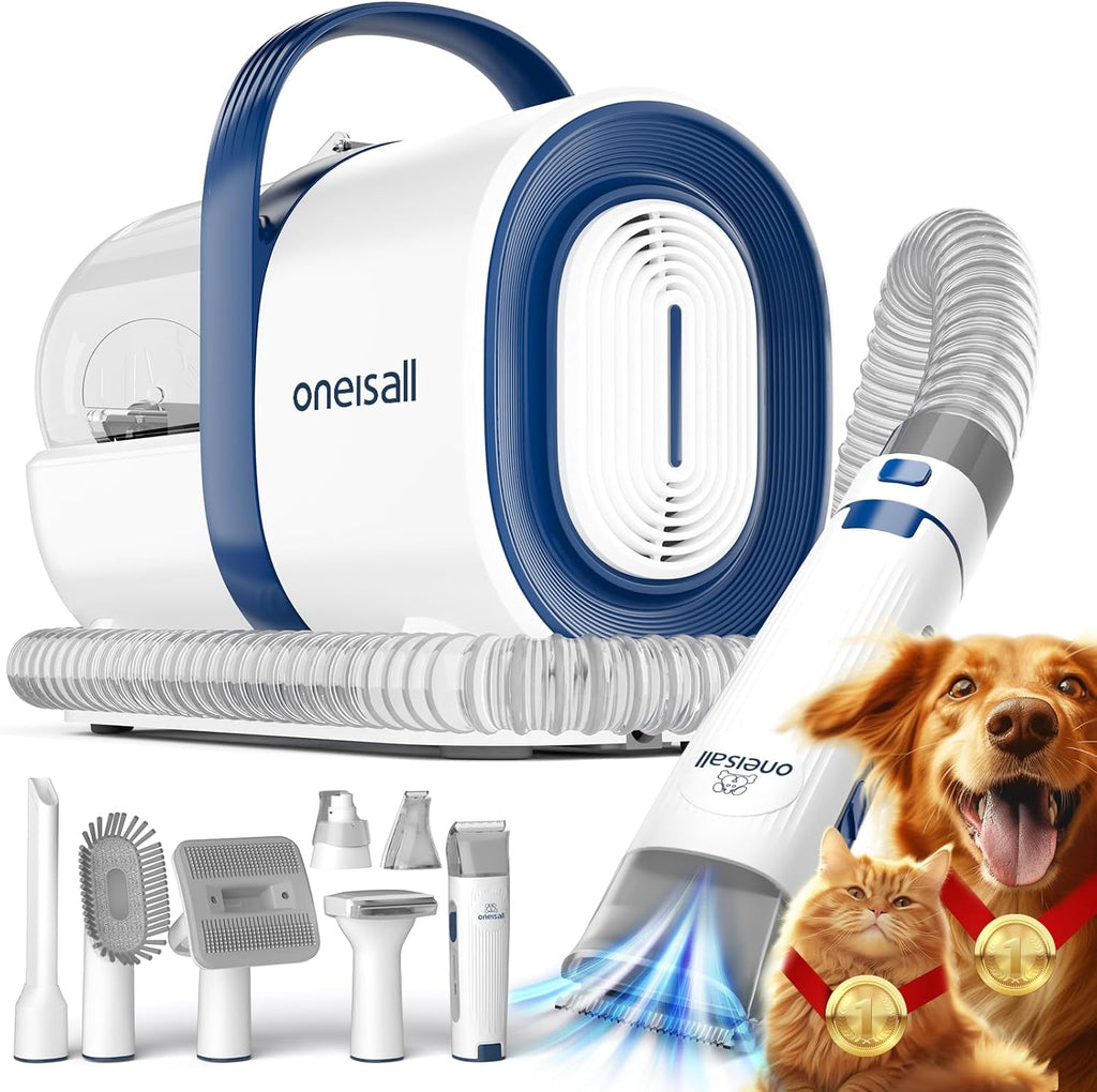 oneisall Dog Grooming Kit, Dog Grooming Clippers, Professional Pet Grooming Vacuum with 7 Pet Grooming Tools for Shedding Thick & Thin Dogs Cats Pet Hair (Yellow)