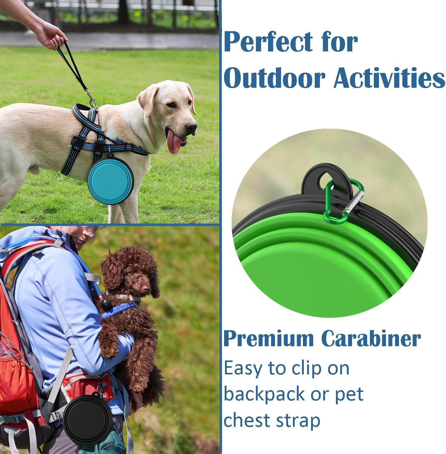 Collapsible Dog Bowls [3 Pack] 34 oz, Travel Dog Bowls, Pet Bowl Portable Foldable Water Food Feeding Dishes with Carabiner Clip for Traveling Hiking Walking-Black & Green & Blue
