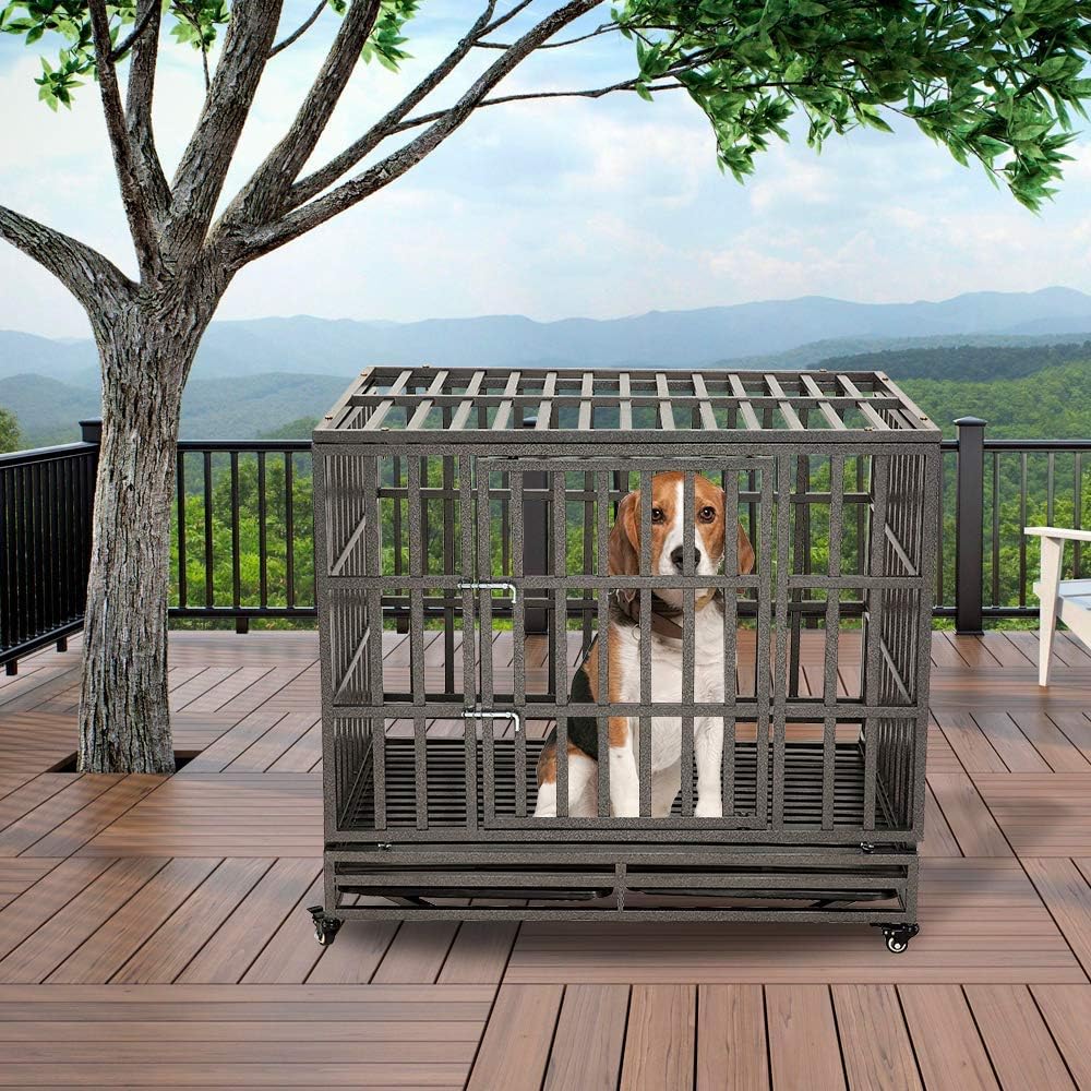 SMONTER 42" Heavy Duty Dog Crate Strong Metal Pet Kennel Playpen with Two Prevent Escape Lock, Large Dogs Cage with Wheels, Dark Silver …