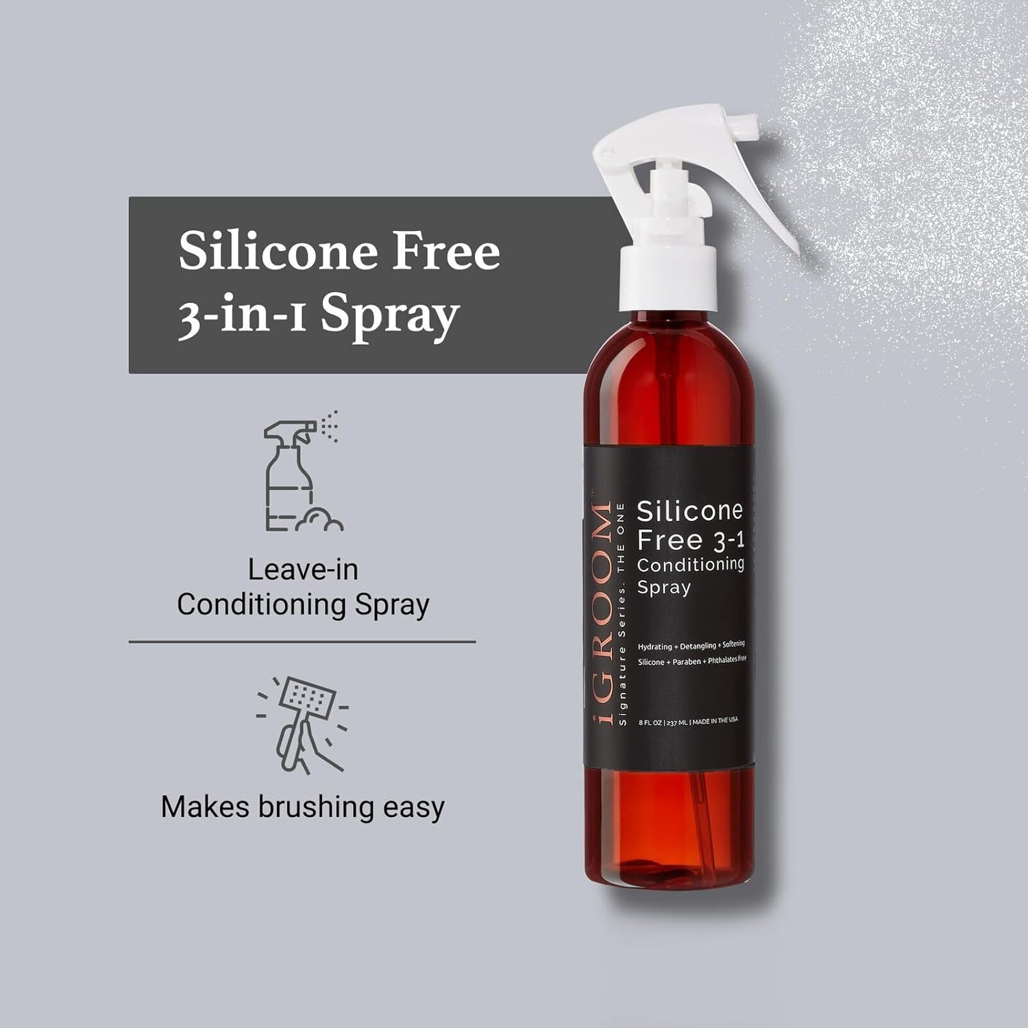 iGroom Silicone Free 3-1 Dog Conditioning/Detangling Spray, Luxury Pet Beauty Care, Hydrating, Paraben and Phthalates Free, Made in USA, 8 oz