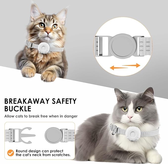 GPS Tracker for Cats, Cat Tracker, Compatible with Apple Find My App (Only iOS), No Monthly Fee, Waterproof, Breakaway Collar Included(White Tracker, White Cat Collar)