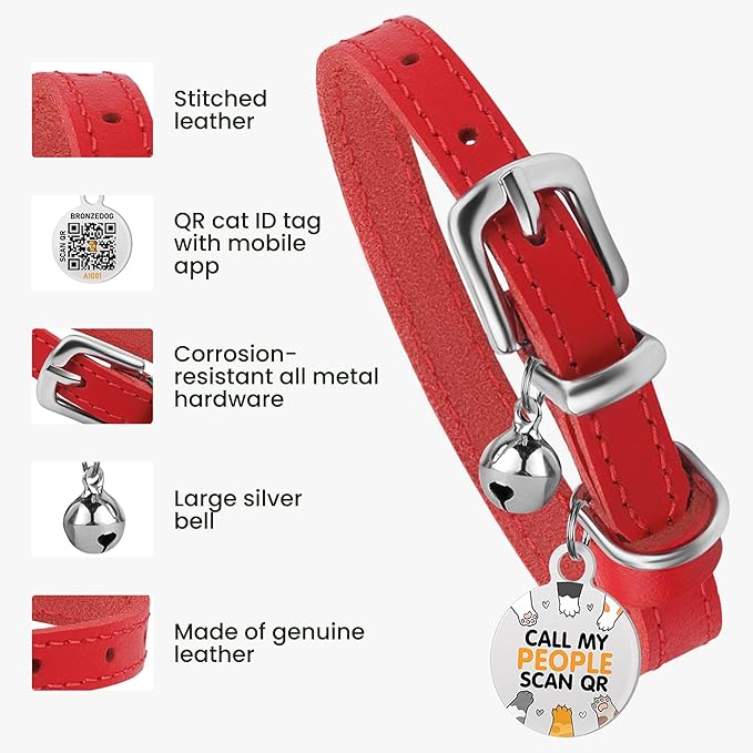 BRONZEDOG Leather Cat Collar with Removable Bells Non Breakaway Kitten QR Tag for Girl Boy (7" - 9" for Cats, Red & Silver)