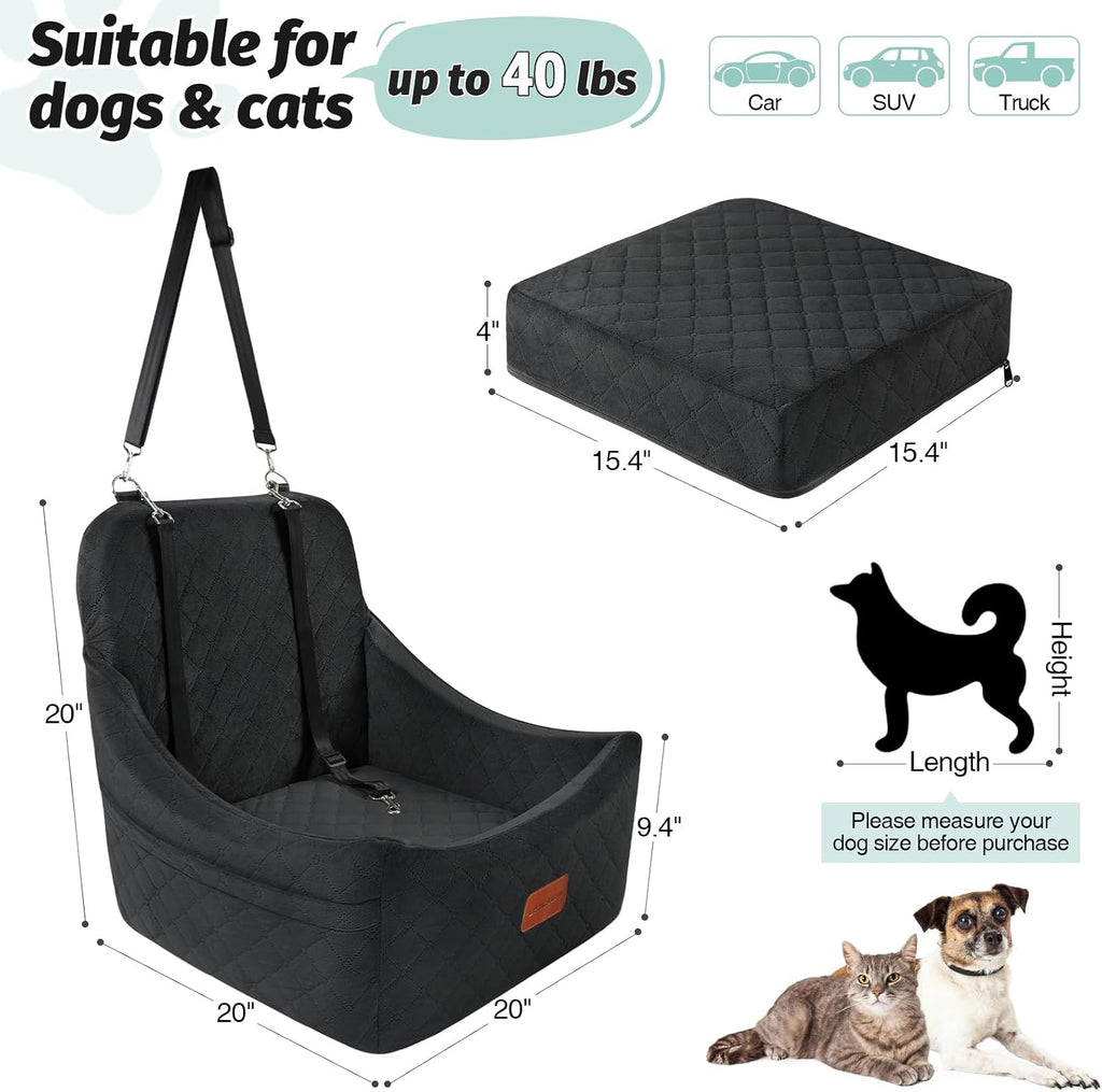 Lealchum Dog car seat for Medium Dogs,Easy to Install with Adjustable Straps,Anti Slip Bottom pet car Bed,Fully Detachable and Washable pet Travel Bed (Black, Medium)