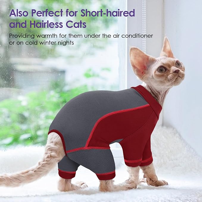 SUNFURA Hair Sticky Cat Clothes, Cat Sweater for Cats Only, 4-Legged Fleece Sweaters Kitten Pajamas Reduce Shedding Fur, Warm Pullover Shirts for Cats, Red S