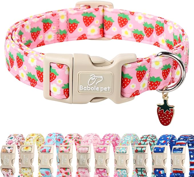 Cute Spring/Summer Dog Collar, Adjustable Pink Strawberry Dog Collars for Giant Large Dogs, Lightweight Quick-Release Buckle Collar for Boy&Girl Dogs XL