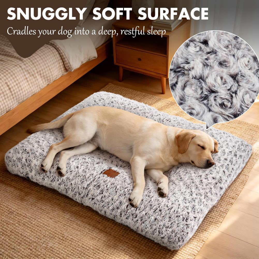 Dog Bed Crate Pad - Rosette Pattern White Velvet Pet Bed Anti-Slip Comfy Kennel Pad for Crates Rosette Brown S