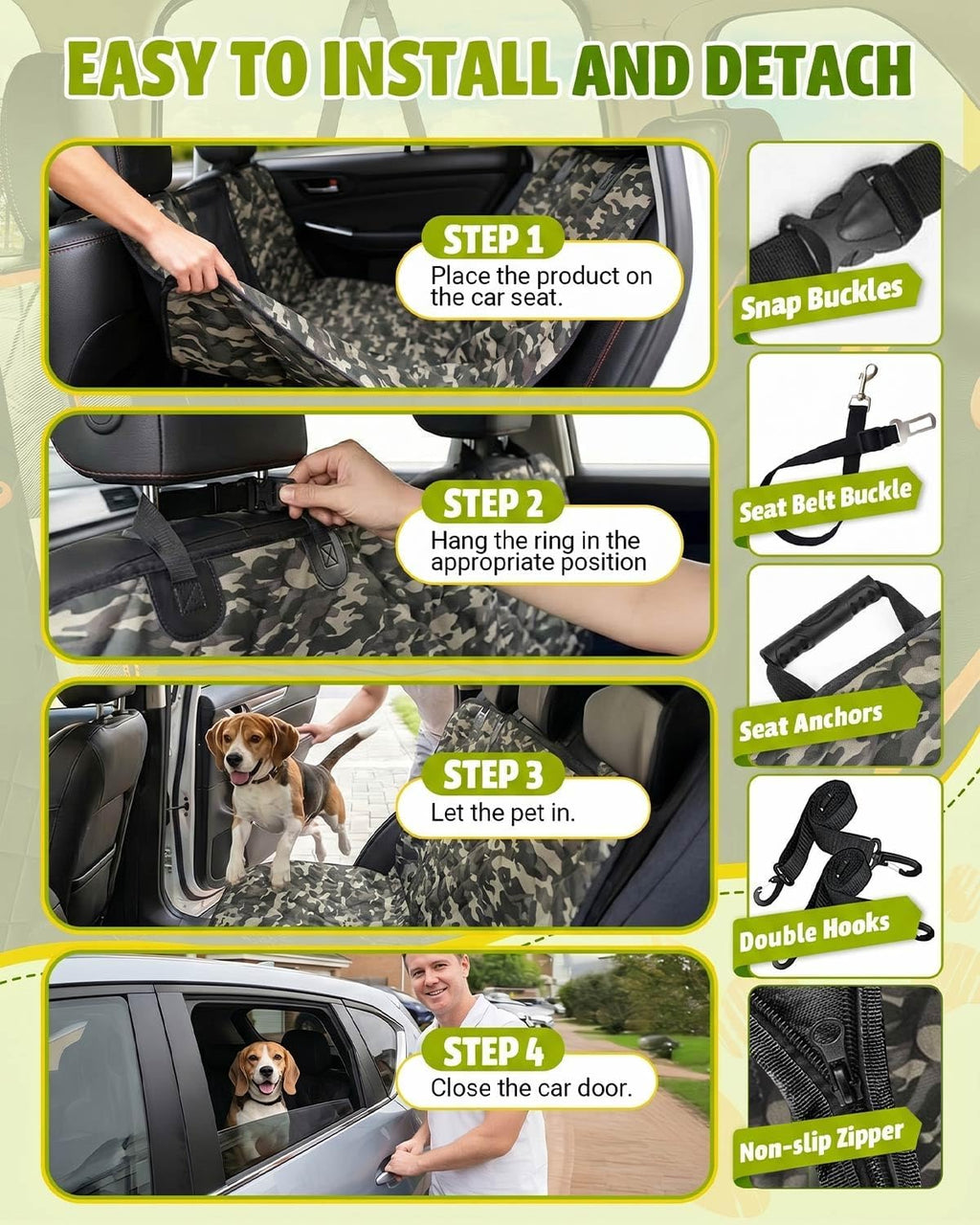 Dog Car Seat Cover, 600D Heavy Dute Car Seat Cover for Dogs Pets, 100% Waterproof Anti-Scratch Nonslip Dog Hammock for Cars, Seat Covers Protector with SeatBelt for Sedan SUV Truck Standard Camo