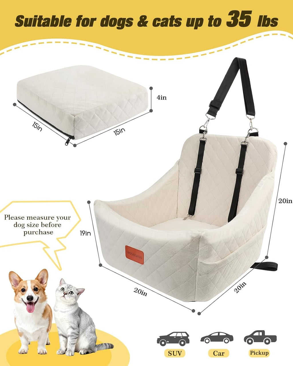 WOOAIDAGG Dog Car Seat for Medium Sized Dog,Pet Travel Car Bed with Seat Belt Channle,Fully Detachable and Washable Car Dog Seat with Adjustable Straps,3 Straps Easy to Install (Beige)