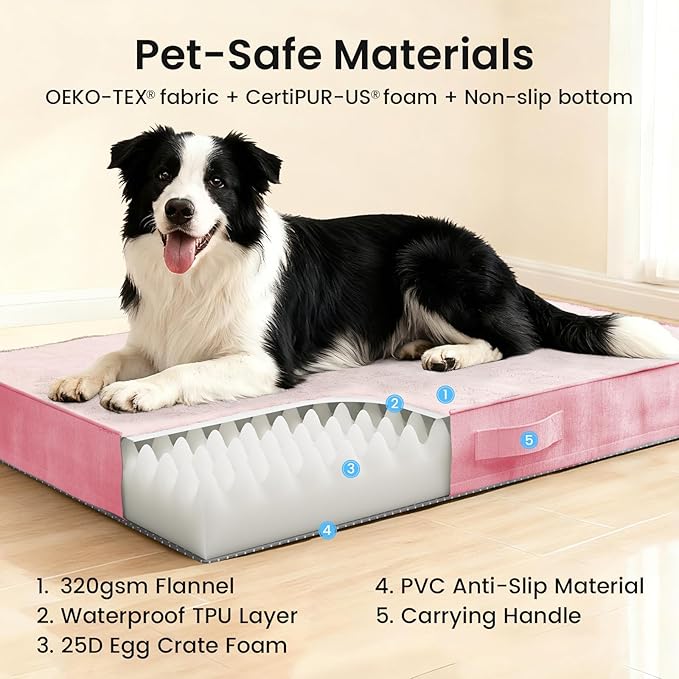 OhGeni Orthopedic Waterproof Dog Bed for Medium Large Dogs, Machine-Washable Removable Cover in Easy-Clean Fabric, High Density Foam & Easy-Carry Handle, Suitable for Crate, 35 inch (Pink)