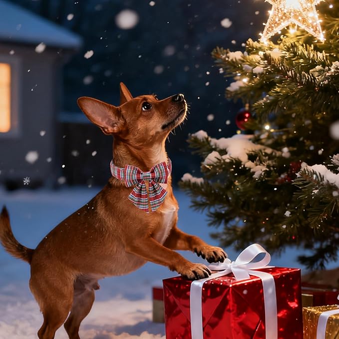Christmas Plaid Dog Collar with Bow, Red and Blue Check Adjustable Pet Collar with Quick Release, Christmas Stripes Bowtie Collar for Small Medium Large Dogs XS