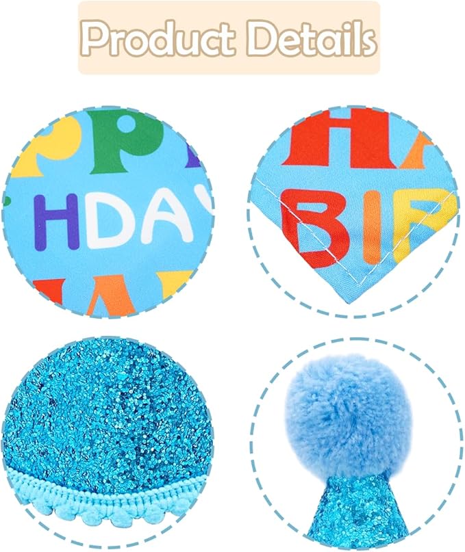 PET SHOW 3Pcs Blue Small Dog Birthday Bandana Set for Boys Female with Puppy Cone Hat and Sequin Bowtie Cat Party Supplies for Dogs Cats Puppies