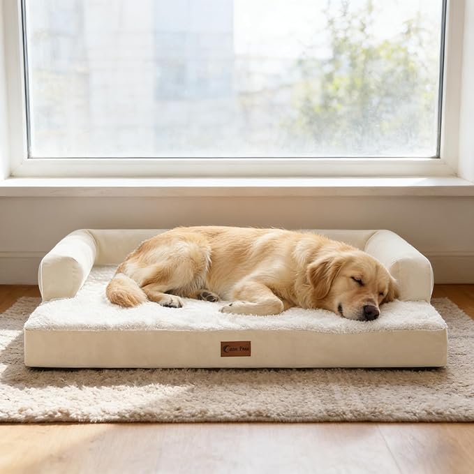 Orthopedic Dog Beds for Large Sized Dogs, Waterproof Egg Crate Foam Large Dog Couch Beds with Comfy Bolster 36x27Inch, Washable Pet Beds with Removable Cover and Nonskid Bottom, Beige