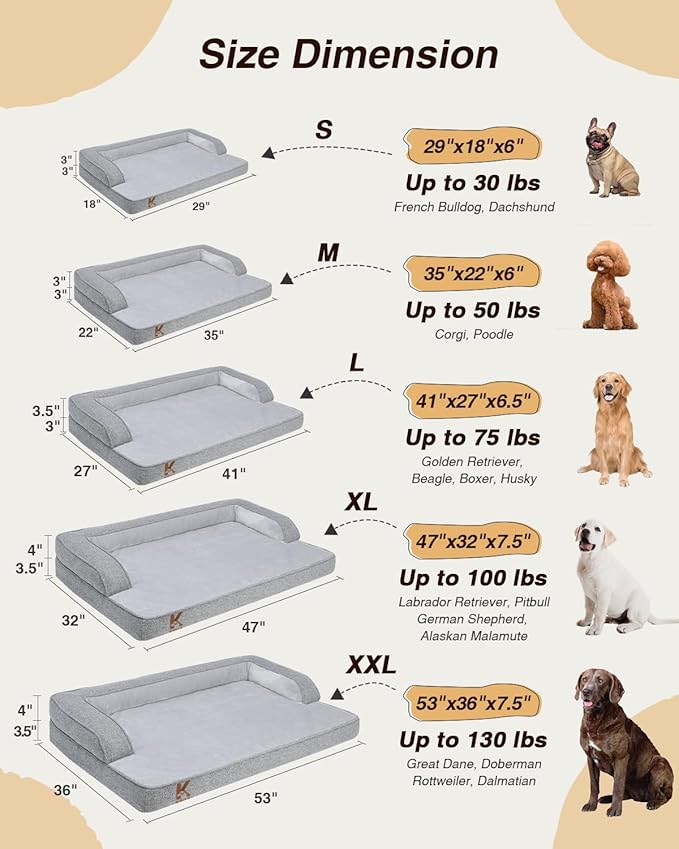 KSIIA Washable Dog Bed Large Sized Senior Dog, Orthopedic Warm Soft Pet Sofa Waterproof Pet Couch with Sides, Non-Slip and Egg-Crate Foam Big Beds with Removable Cover, 35x22Inch, Grey