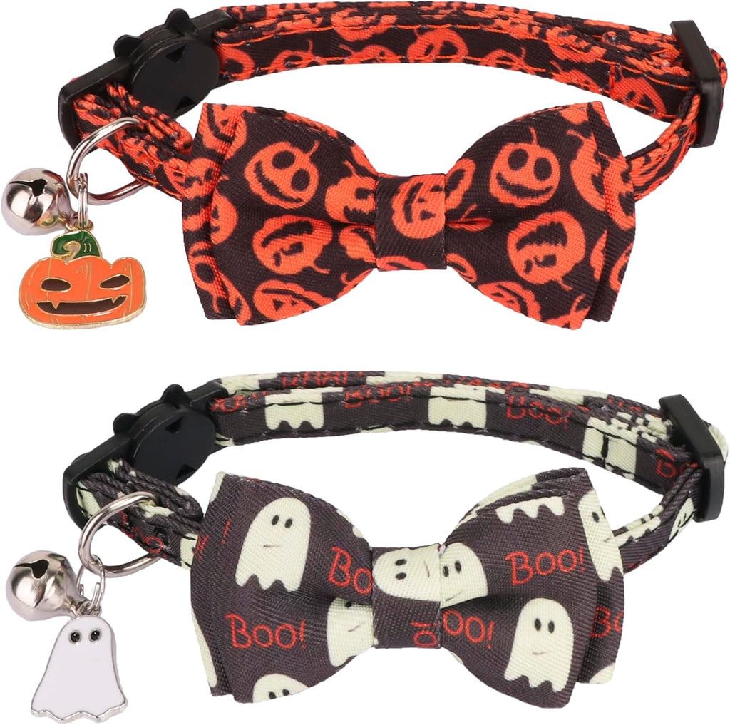 Halloween Cat Collar Breakaway, Pumpkin Ghost Cat Bowtie Collar | Detachable Bowtie Bell, Cute Charm, Adjustable Halloween Collar for Cat Kitten, For Halloween Parties and Photos