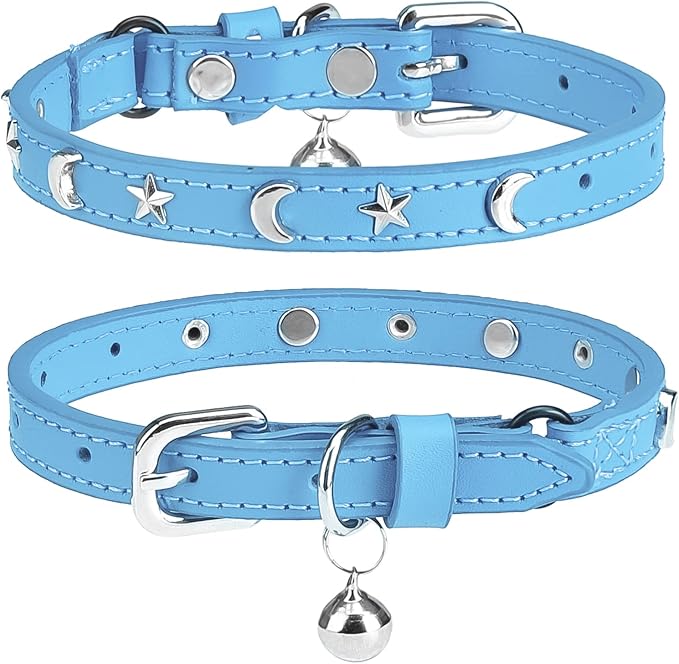 Leather Cat Collars for Boy Girl Cats with Bell and Safety Elastic Belt, Personalized Star and Moon Stud Adjustable Safe Buckle Collar for Kitty Small Big Cats Size 8-12 Inch, Light Blue