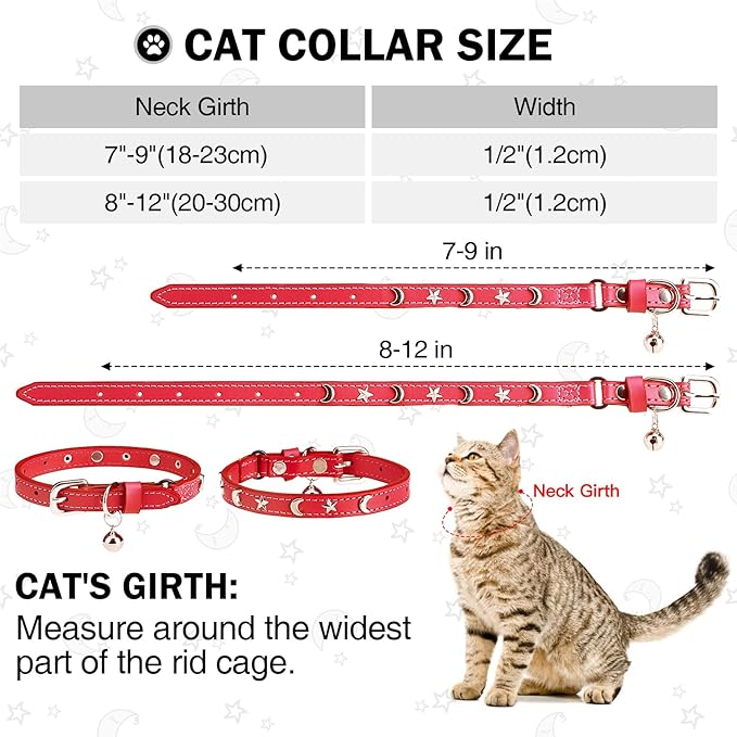 Leather Cat Collars for Boy Girl Cats with Bell and Safety Elastic Belt, Personalized Star and Moon Stud Adjustable Safe Buckle Collar for Kitty Small Big Cats Size 8-12 Inch, Red